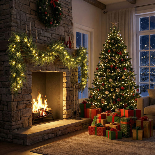 9 FT Pre-lit Artificial Cypress Christmas Garland with 50 Warm White LED Lights and 130 Branch Tips Christmas Decor & Accessories Options at Gallery Canada