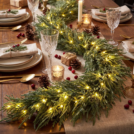 9 FT Pre-lit Artificial Cypress Christmas Garland with 50 Warm White LED Lights and 130 Branch Tips Christmas Decor & Accessories Options at Gallery Canada