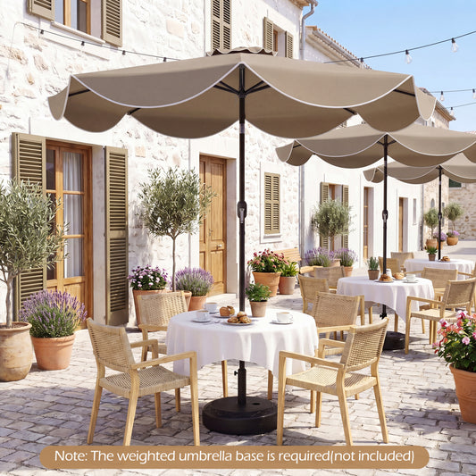 9 Ft Scalloped Solar Patio Umbrella With LED Lights, Tan Outdoor Umbrellas Tan at Gallery Canada