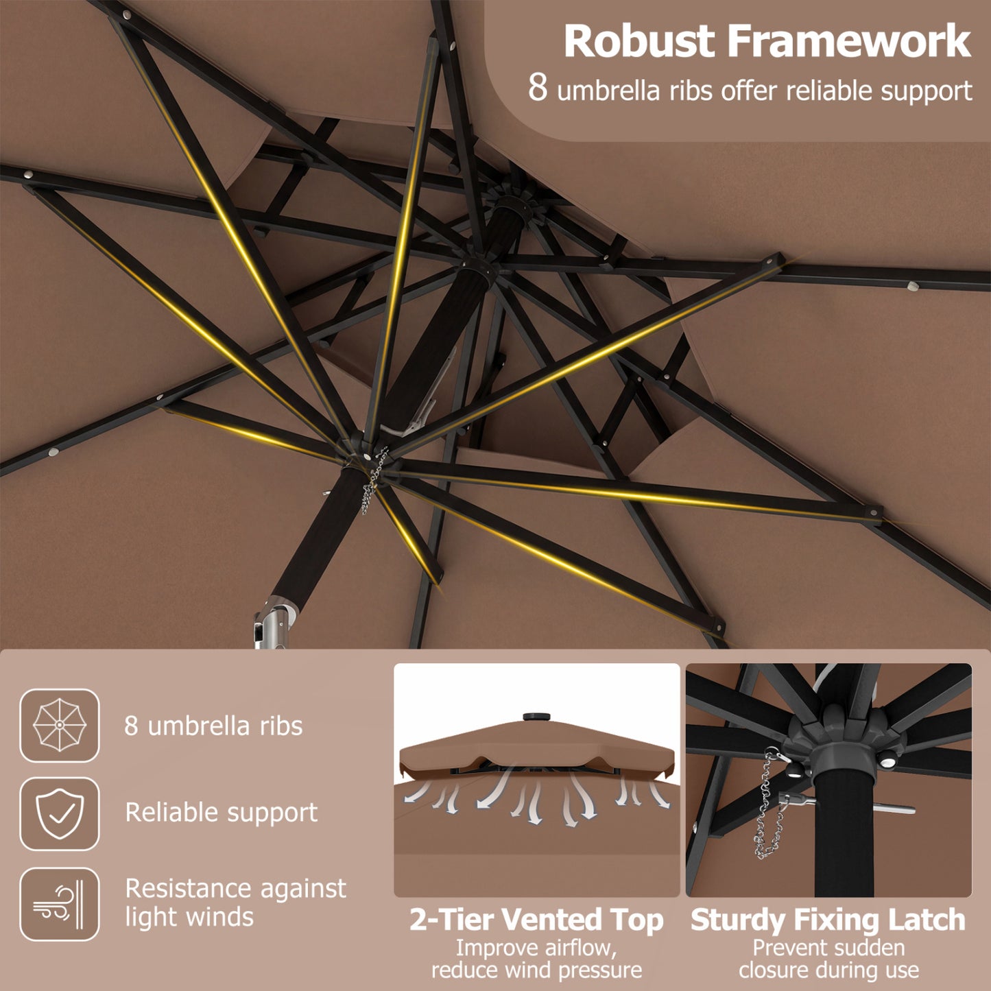9 FT Solar LED Patio Umbrella, Push-Button Tilt Crank, Brown Outdoor Umbrellas at Gallery Canada