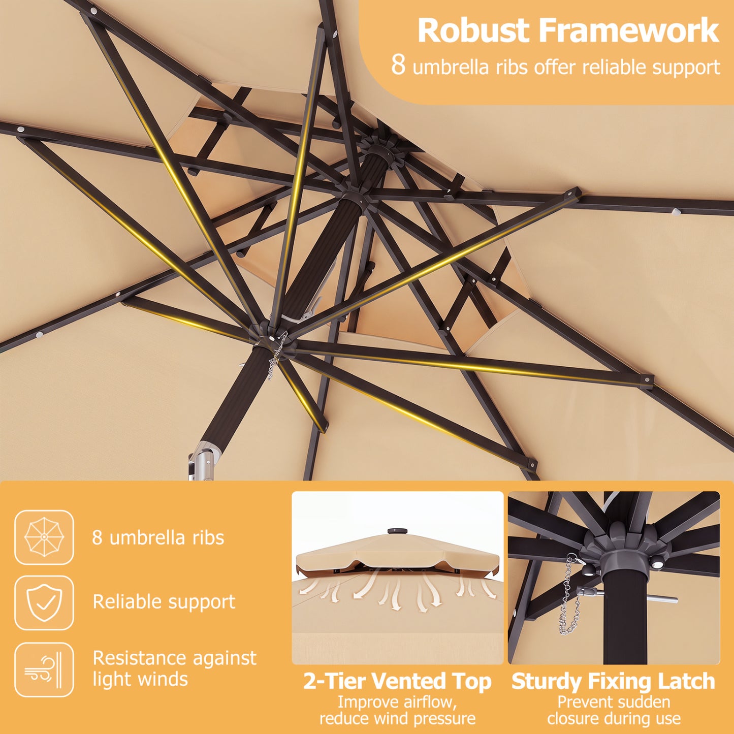 9 FT Solar LED Patio Umbrella, Push-Button Tilt Crank, Beige Outdoor Umbrellas at Gallery Canada