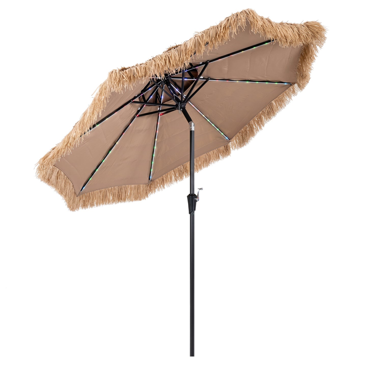9 FT Solar Thatched Tiki Umbrella, Multi-Colored Lights, Beige
