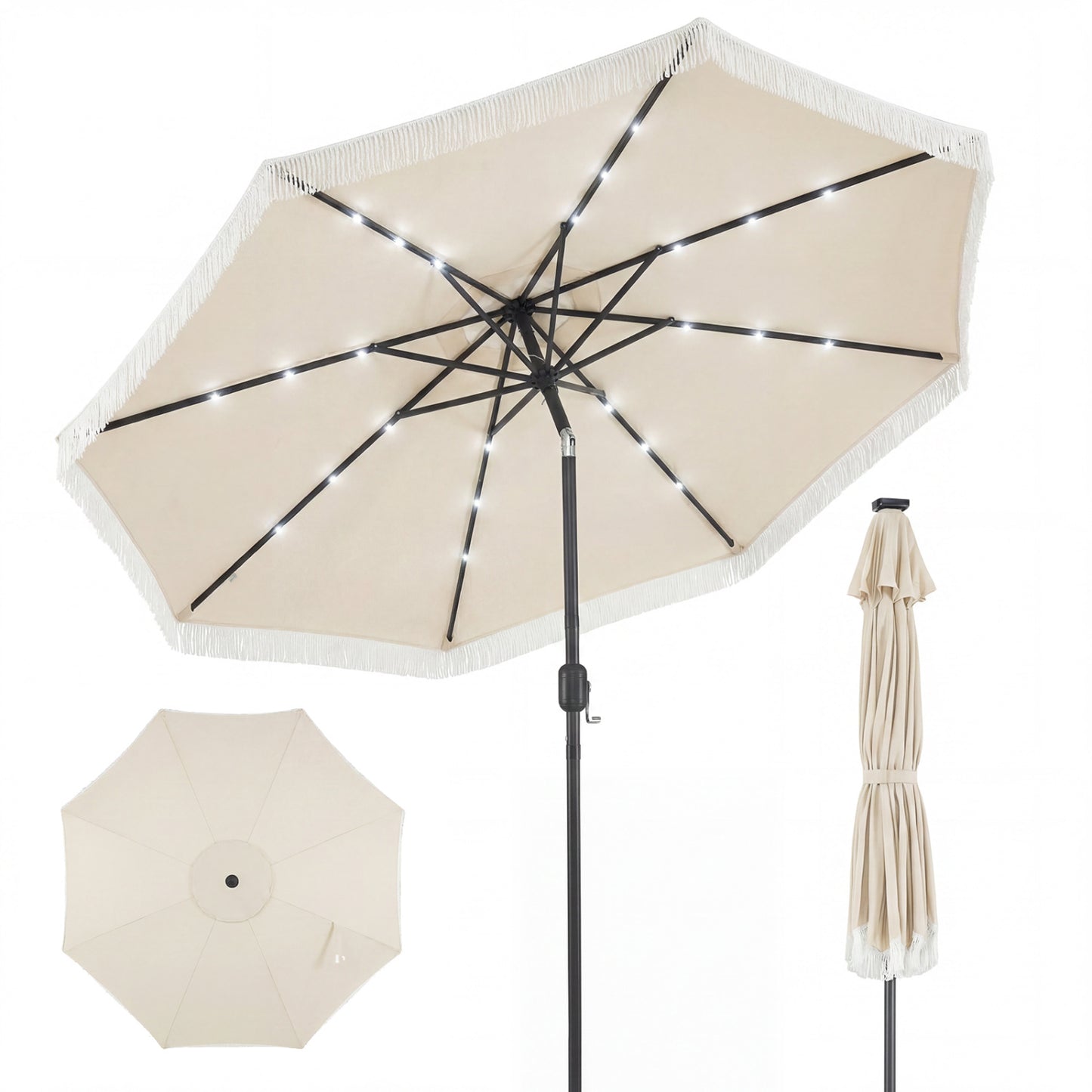 9 Feet Solar Patio Umbrella With 24 LED Lights, Beige Outdoor Umbrellas Beige at Gallery Canada