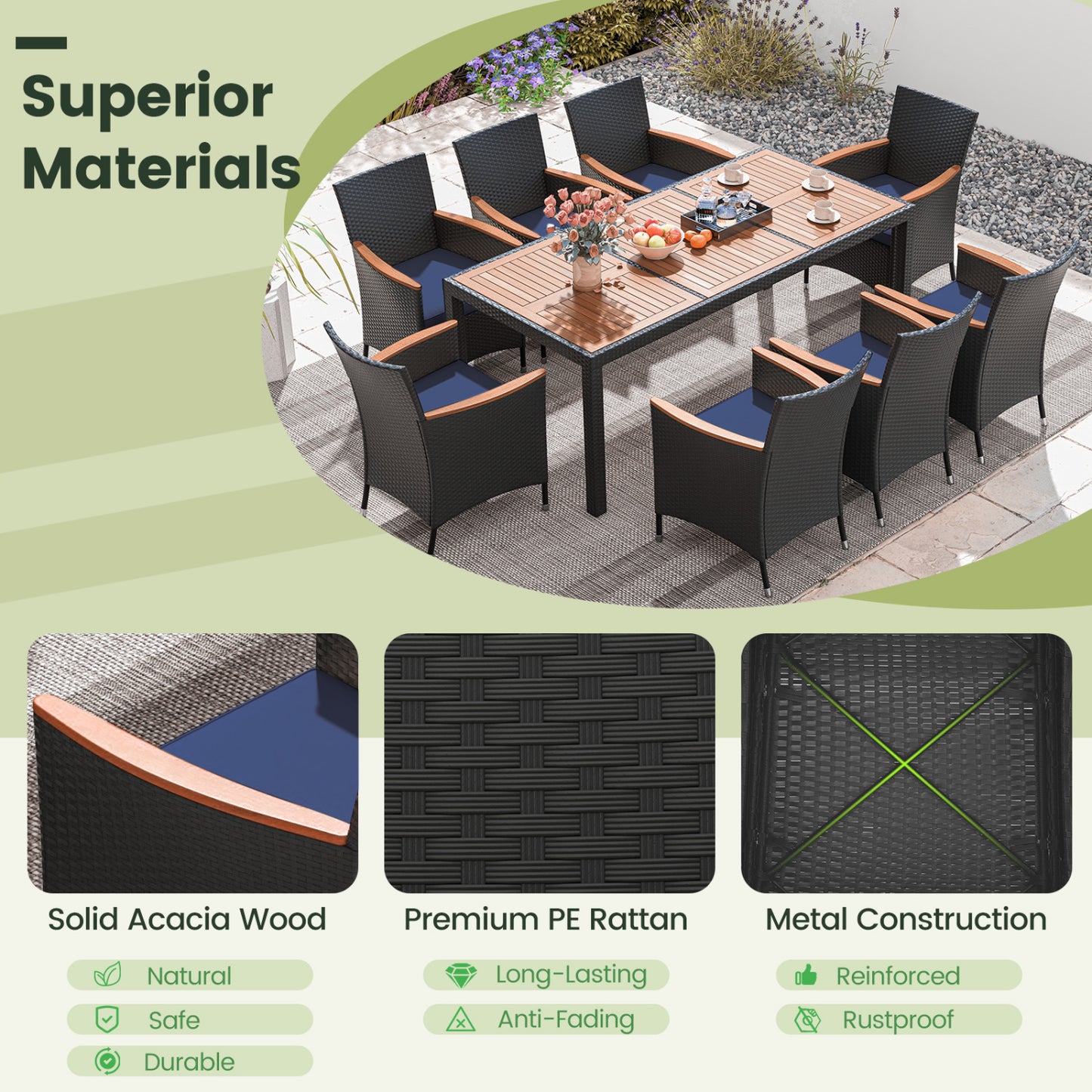 9 Piece Outdoor Dining Set, Acacia Wood Tabletop, Navy Patio Dining Sets at Gallery Canada