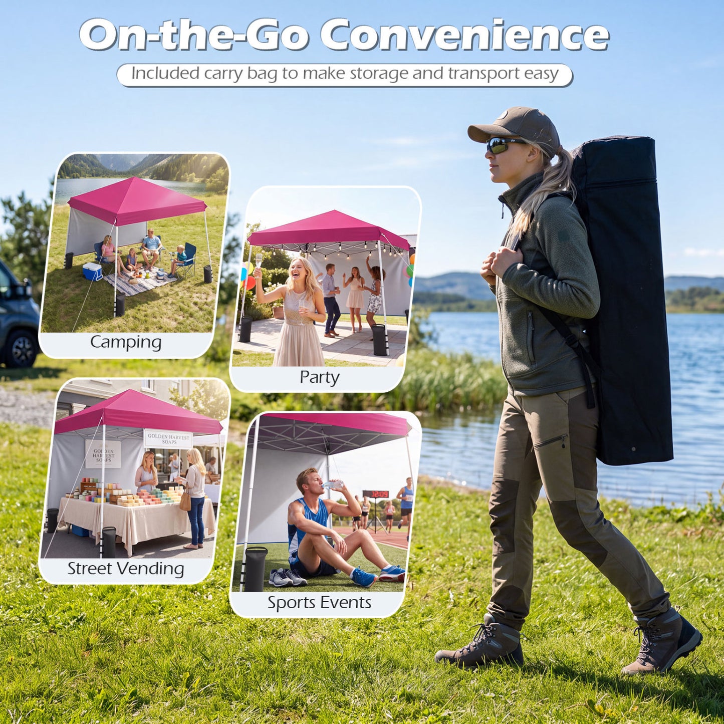 9 Ft x 9 Ft Pop Up Canopy Tent with Ground Stakes, Wind Ropes & Carry Bag, Pink