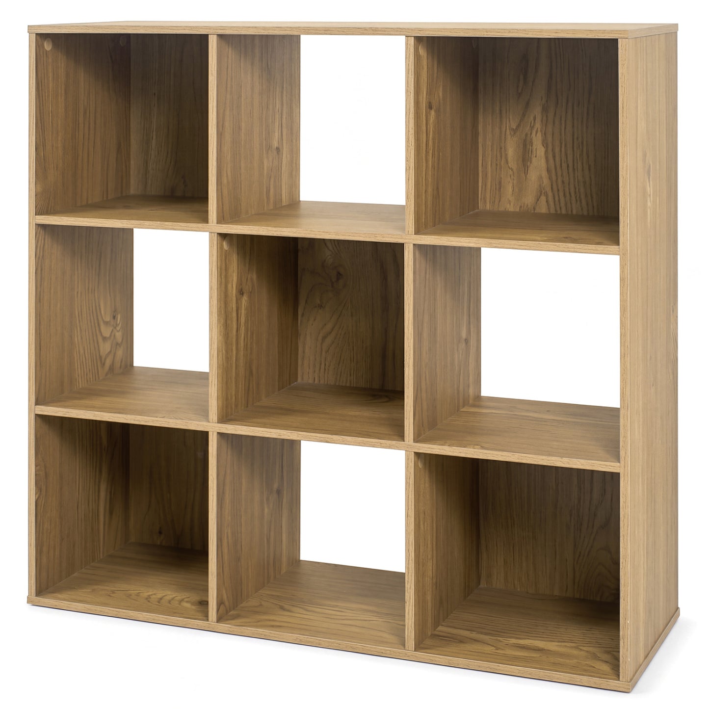Bibliothèque en bois, 9 casiers, 2 kits anti-basculement, naturel