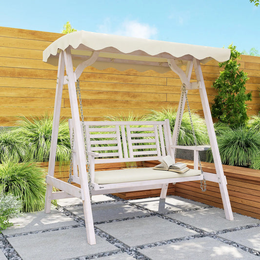 2 Seater Patio Swing with Stand, Canopy, Cushion, Wooden Bench Patio Swings with Stand Beige and White at Gallery Canada