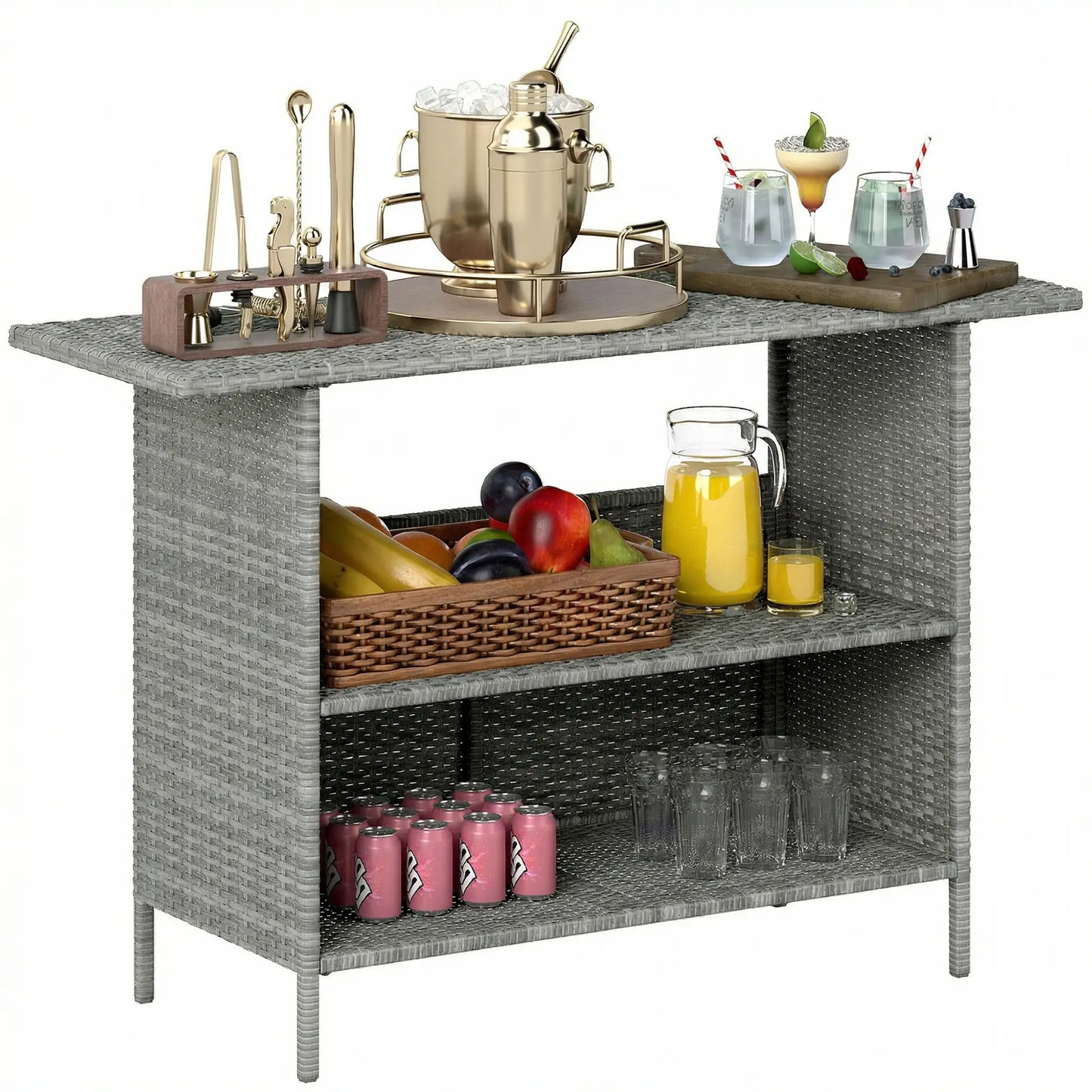 Wicker Outdoor Bar Table, PE Rattan, 2 Shelves, Steel Frame, Dark Grey, Dark Grey Patio Side Tables at Gallery Canada