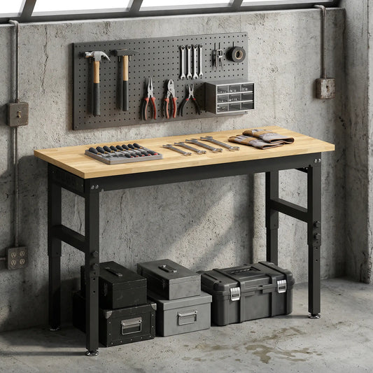 48" Adjustable Workbench, Heavy Duty Work Table with Rubber Wood Top, Power Outlets, Pegboard, 2000 LBS Capacity Tool Organizers Natural Wood, Black at Gallery Canada