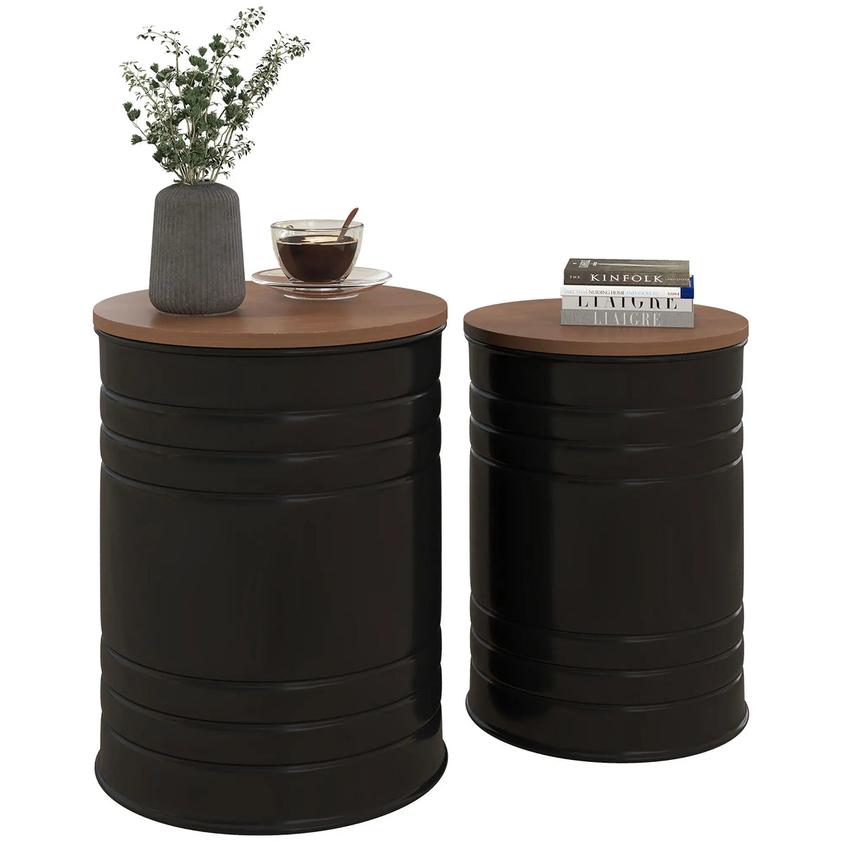 Round Side Table Set of 2, Nesting Coffee Tables, Wooden Lid, Metal Frame, Black Side Tables at Gallery Canada