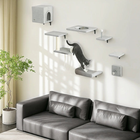 Cat Wall Shelves Set of 7, Perches with House, Sisal Ladder, Bed, Grey Cat Climbing Wall Grey, Cream at Gallery Canada
