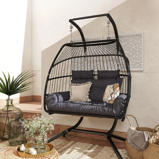 Double Wicker Egg Swing Chair, Foldable with Stand, UV Resistant Cushion, Headrest, Dark Grey Patio Swings with Stand Dark Grey at Gallery Canada