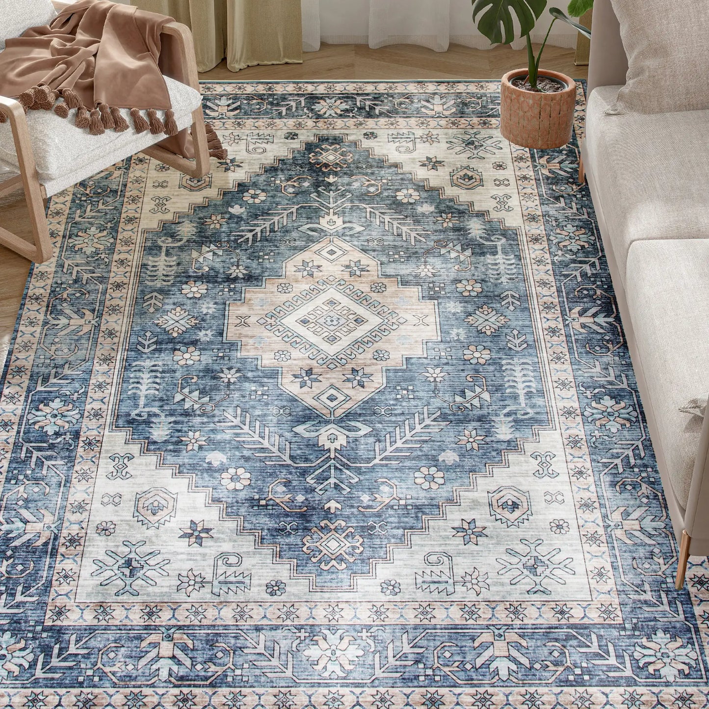 9x12 Vintage Washable Non-Slip Rug, for Living, Bedroom, Dining, Blue Living Room Furniture at Gallery Canada