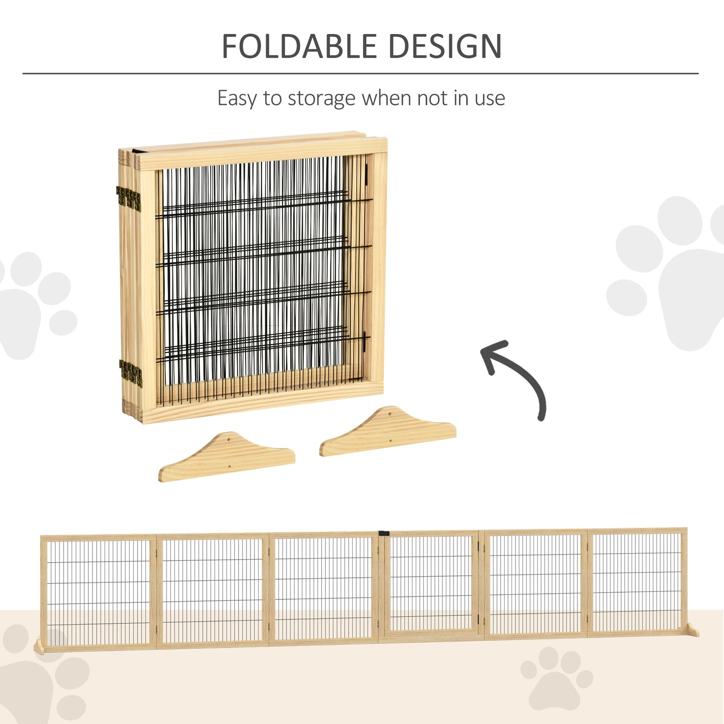 Wooden Pet Gate, Dog Safety Barrier, Freestanding Foldable Fence, w/ 6 Panels, 2 Support Feet, for House Doorway Stairs, Small &; Medium Dogs, Natural Wood at Gallery Canada