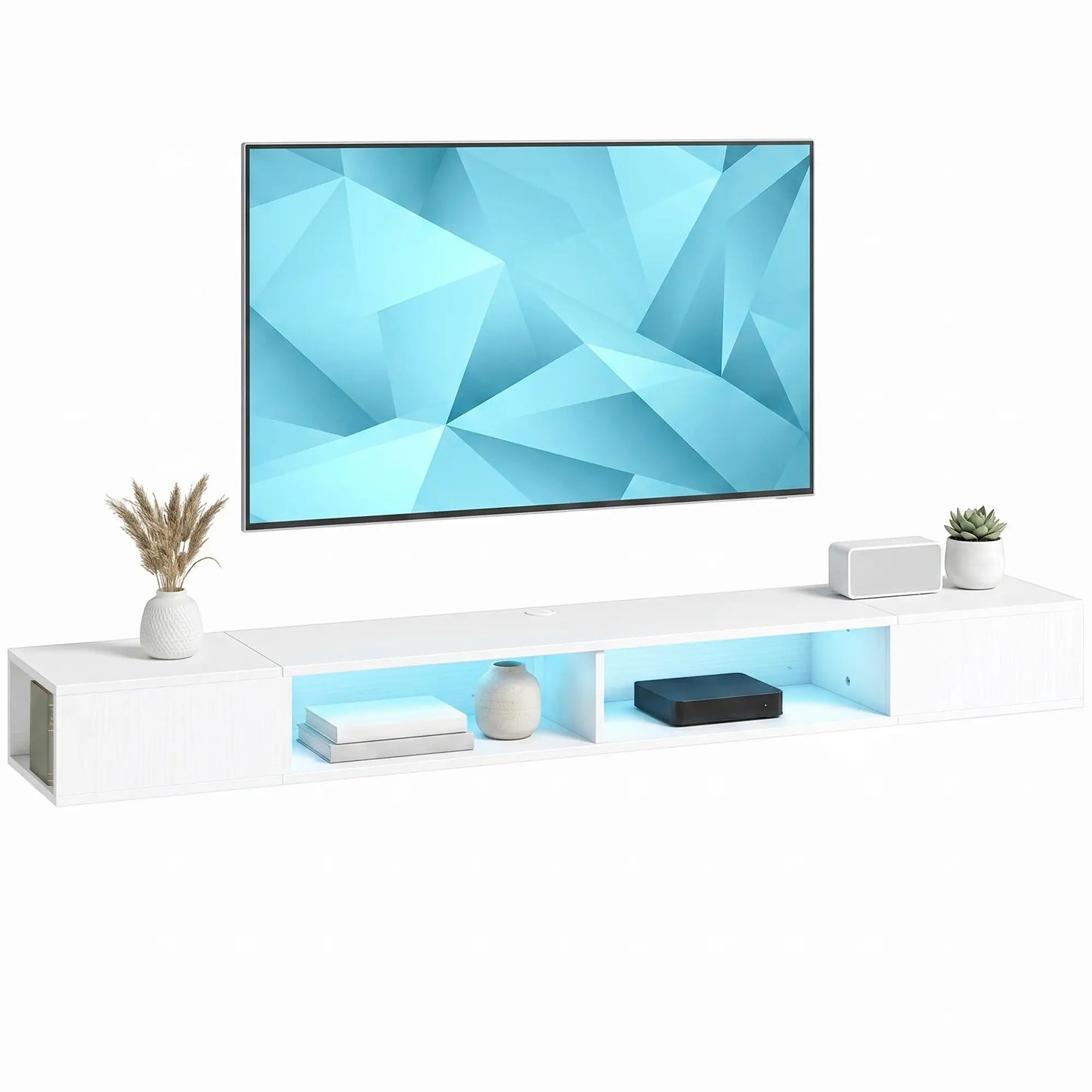 TV Stand with RGB LED Lights, Entertainment Center with Open Shelves for 75 Inch TV, White