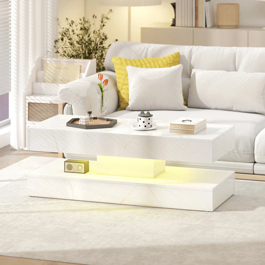 Adjustable LED Coffee Table, 2 Drawers, Open Shelf, Remote, White Coffee Tables High Gloss Marble-Effect White at Gallery Canada