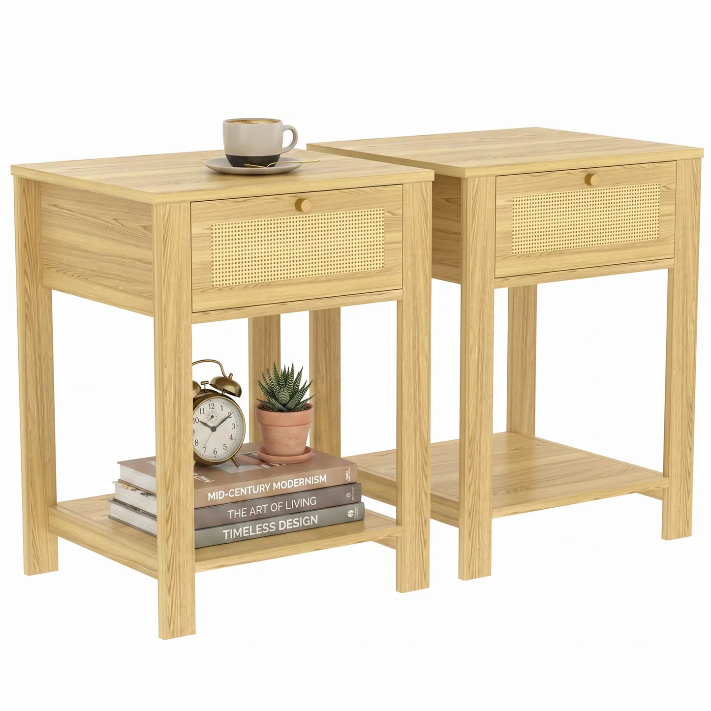Nightstand Set of 2 With Drawer & Shelf, Natural Wood, Natural Wood Side Tables at Gallery Canada