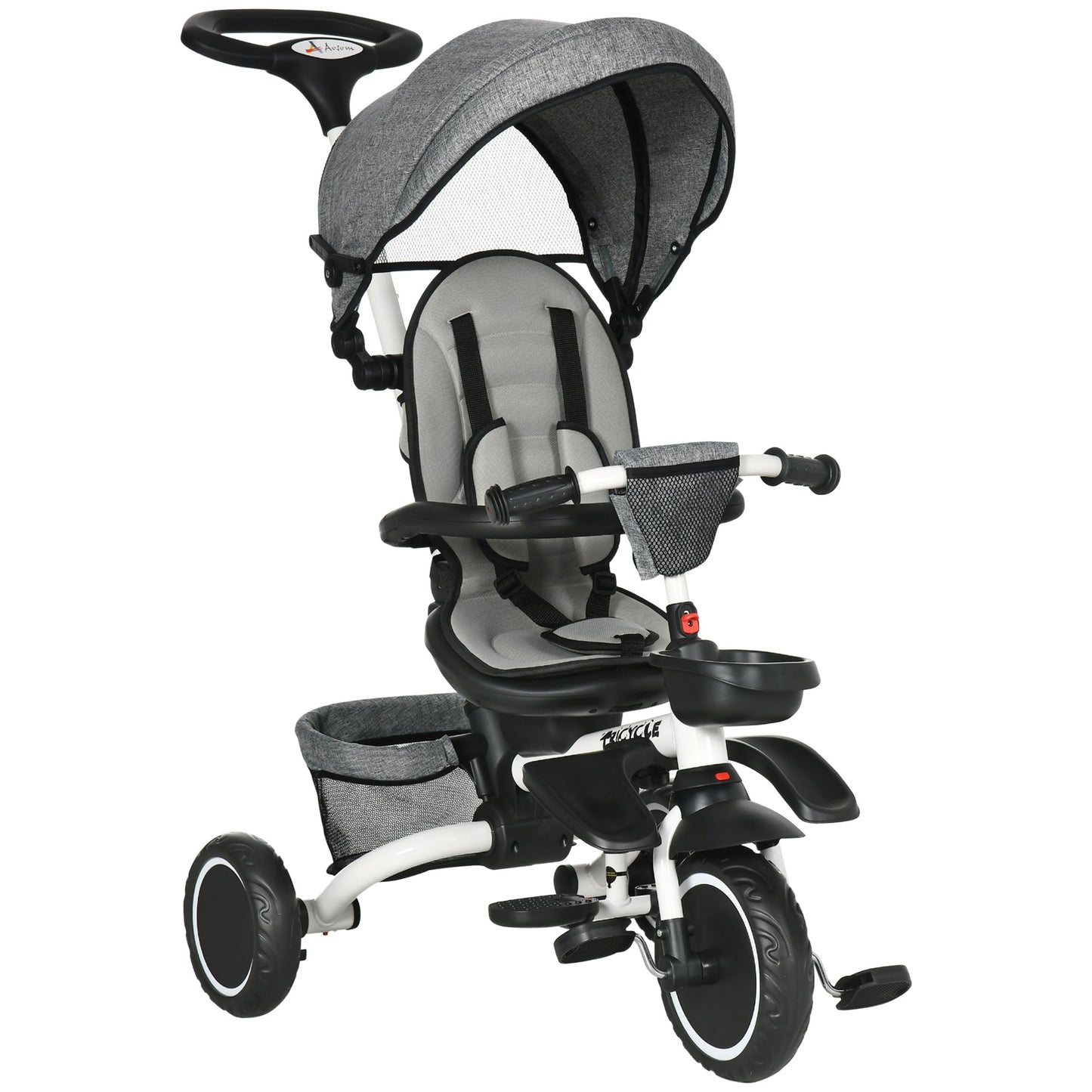 6-in-1 Toddler Tricycle for 12-50 Months, Foldable Kids Trike with Adjustable Seat and Push Handle, Safety Harness, Removable Canopy, Footrest, Grey at Gallery Canada