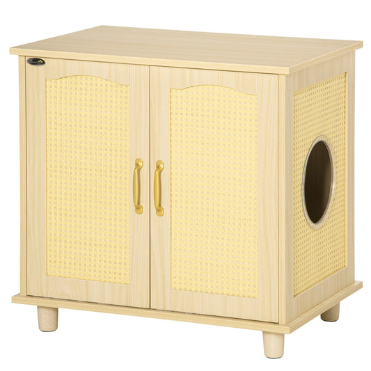 Cat Litter Box Enclosure with Soft Cushion, Indoor Cat Washroom Storage Bench End Table with PE Rattan Trim, Magnetic Doors, Easy Assembly, Oak at Gallery Canada