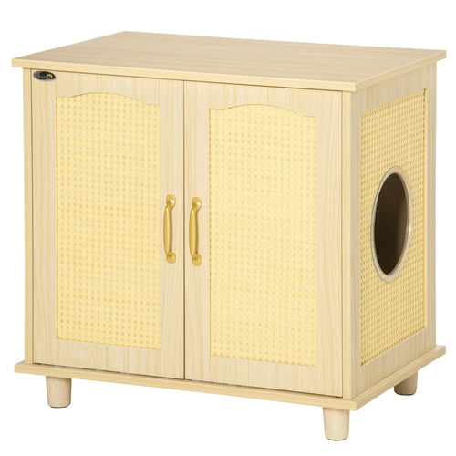 Cat Litter Box Enclosure with Soft Cushion, Indoor Cat Washroom Storage Bench End Table with PE Rattan Trim, Magnetic Doors, Easy Assembly, Oak