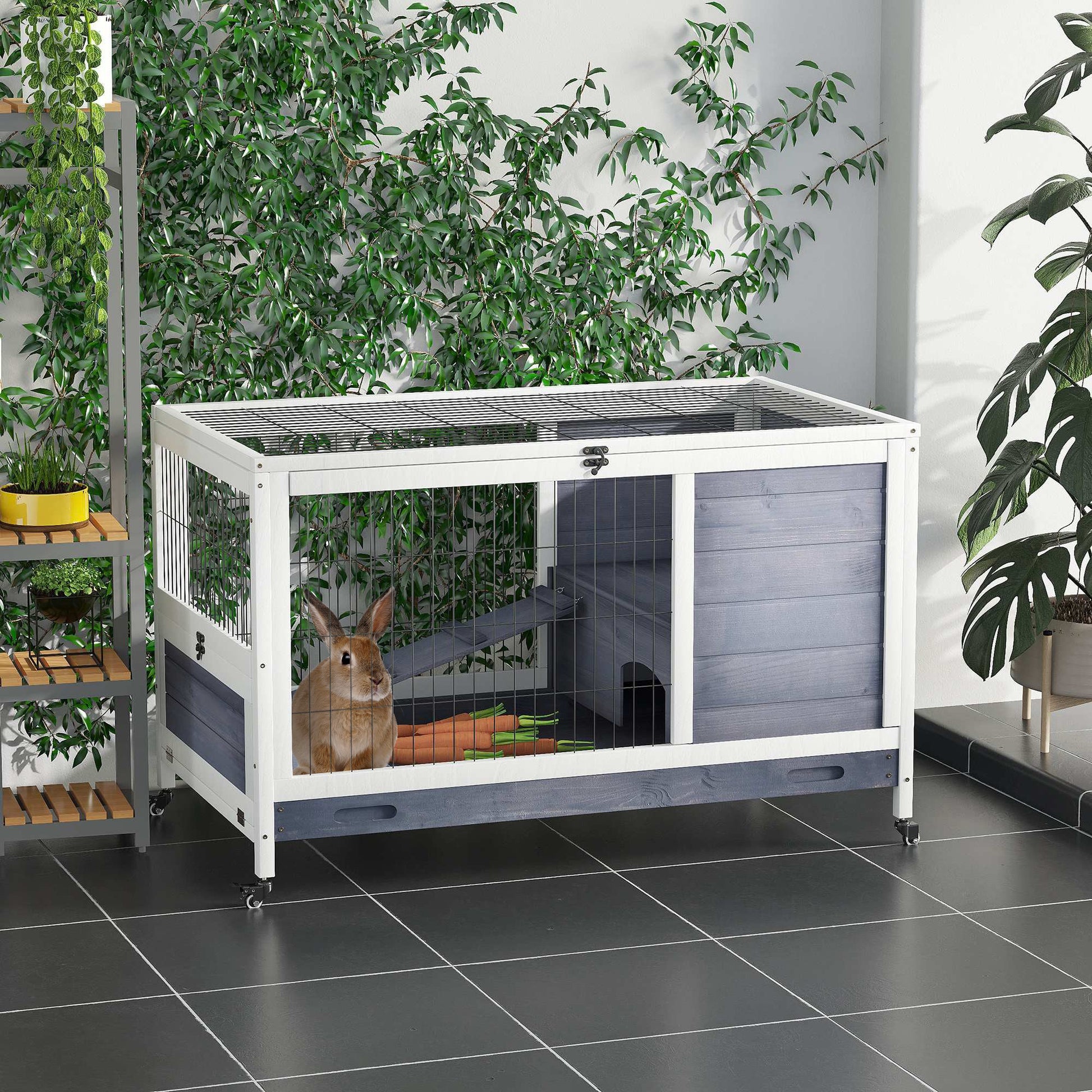 Wooden Indoor Rabbit Hutch Elevated Cage Habitat with Enclosed Run with Wheels, Ideal for Rabbits and Guinea Pigs, White at Gallery Canada