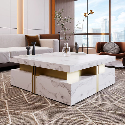 Square Storage Coffee Table, 4 Drawers, MDF, 33.5" L x 33.5" W x 16.5" H, White Coffee Tables White at Gallery Canada