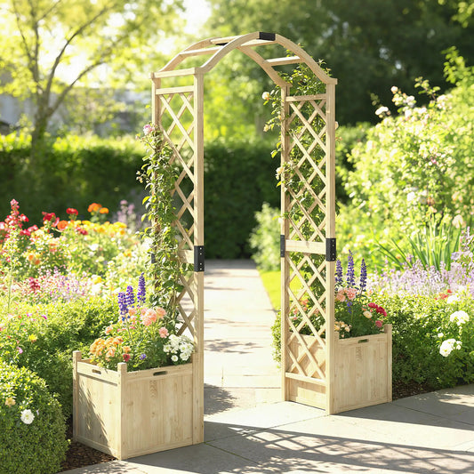 Wooden Garden Arch With 2 Planter Boxes, Arch Trellis, Natural Wood Garden Arches Natural at Gallery Canada