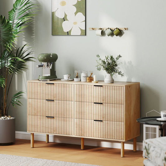 6 Drawer Dresser, Fluted Panels, Solid Wood Legs, Oak Storage Cabinets Oak at Gallery Canada
