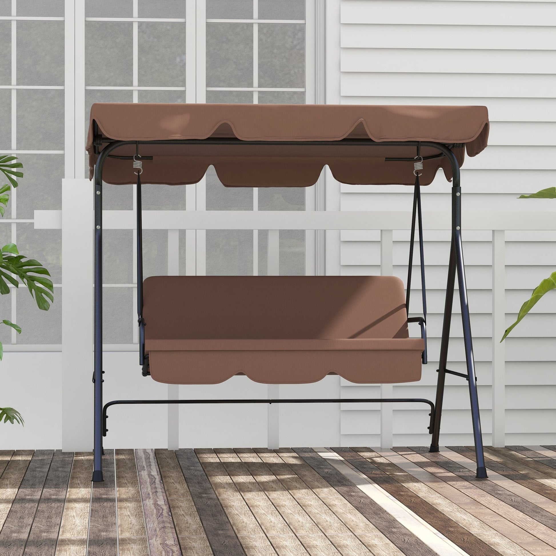 3-Seater Outdoor Porch Swing with Adjustable Canopy, Patio Swing Chair for Garden, Poolside, Backyard, Brown at Gallery Canada