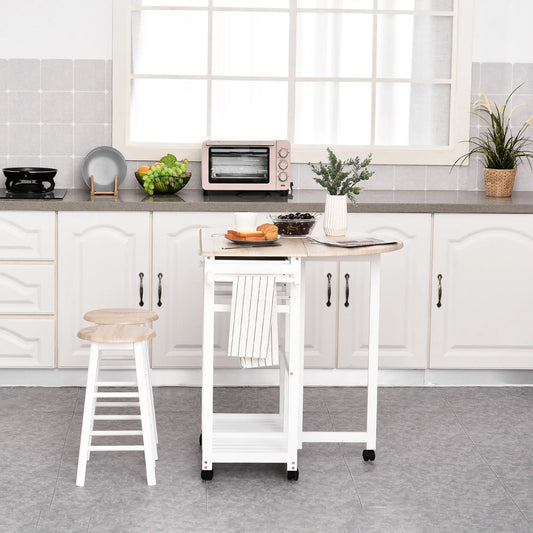 3 Piece Kitchen Cart Set, Drop Leaf Table, 2 Stools, Rolling Wheels, Wood, White Kitchen Islands & Kitchen Carts Wood Color and White at Gallery Canada