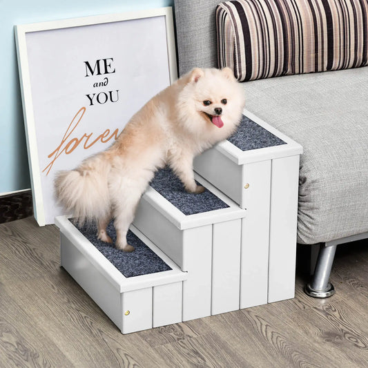 Pet Steps Escalier pour chien à 3 marches pour petits chiens et chats et rampe en bois avec boîte de rangement pour tapis, blanc
