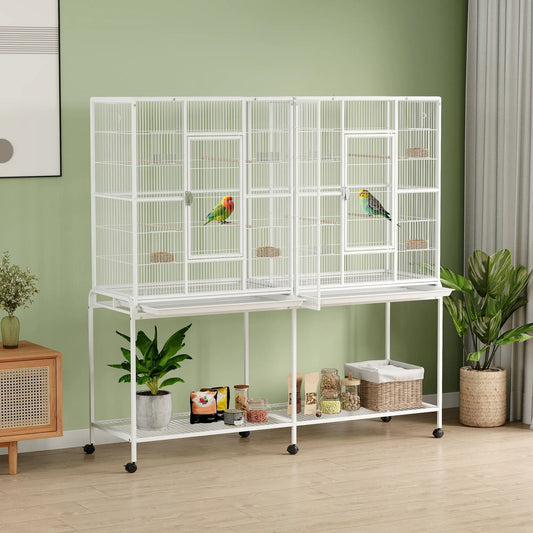 64" Large Rolling Bird Cage, Detachable Stand, Storage Shelf, White
