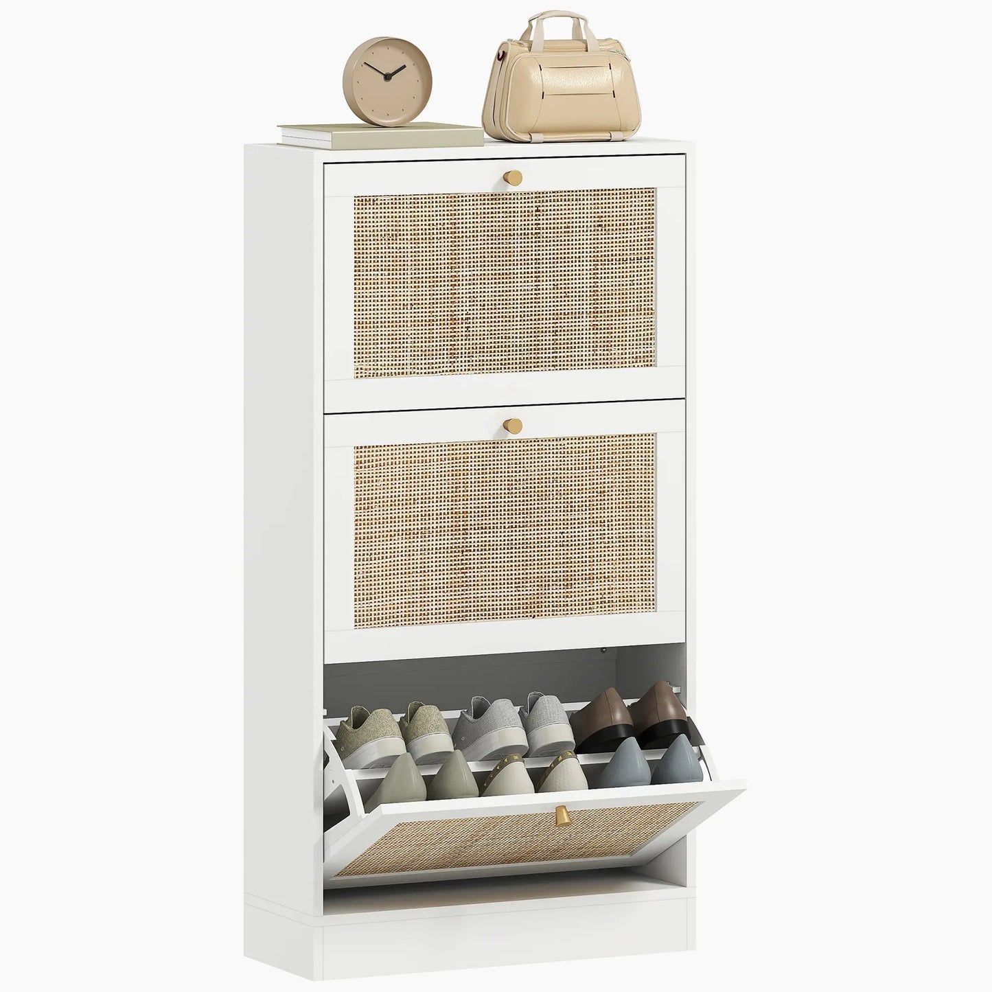 Rattan Shoe Storage Cabinet, 3 Flip Drawers, Adjustable Shelves, 18 Pairs, White Shoe Storage Cabinets & Racks at Gallery Canada
