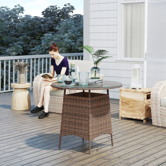 31.5" Round Patio Table with Umbrella Hole, Tempered Glass Top, Brown Coffee Tables Brown at Gallery Canada