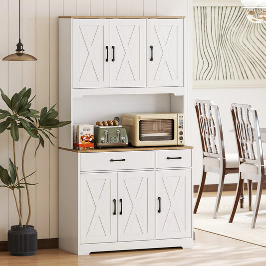 Tall Kitchen Pantry, 6 Doors, 2 Drawers, Adjustable Shelves, White Kitchen Pantry Cabinets Natural Wood, White at Gallery Canada