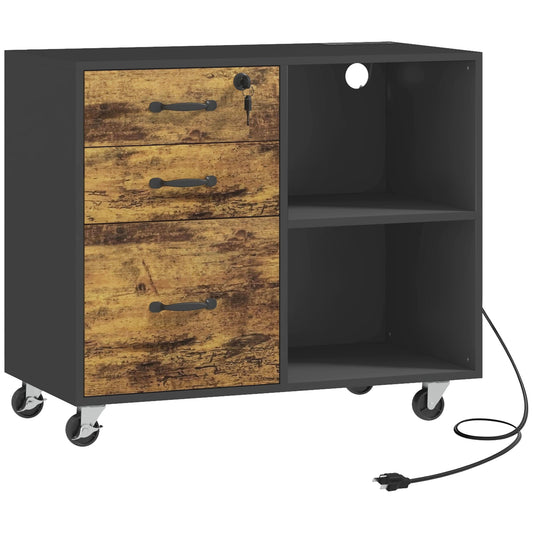 Mobile Printer Stand with Charging Station USB Ports Locking Filing Cabinet for A4 Letter Size Rustic Brown and Black