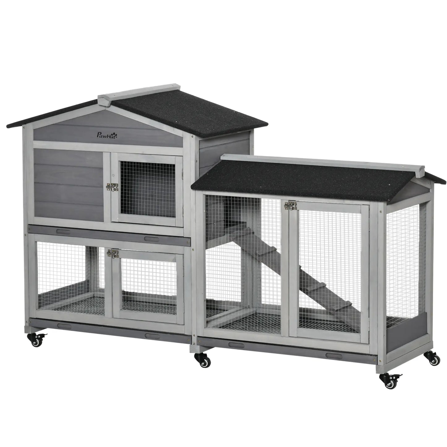 62" Wooden Rabbit Hutch with Wheels, Run Box, Tray, Ramp, Light Grey Rabbit Hutch at Gallery Canada