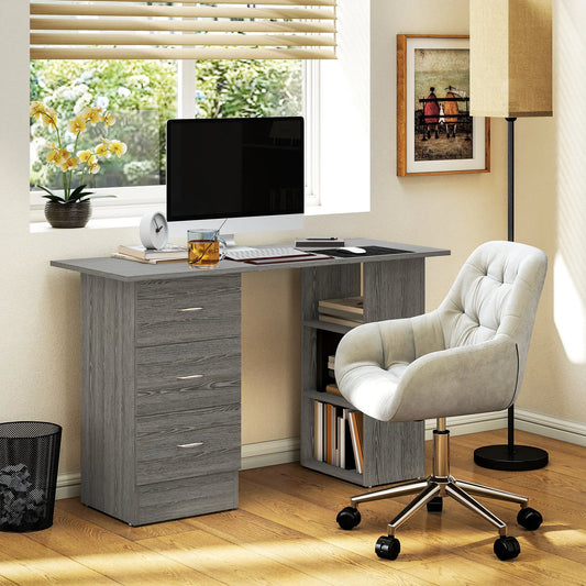 47 Inches Office Desk, 3-Tier Storage Shelves, Drawers, Grey Computer Desks Grey at Gallery Canada