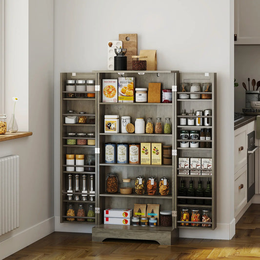 50" Pantry Storage Cabinet, Farmhouse Style, Adjustable Shelves, Distressed Grey, Grey Kitchen Pantry Cabinets Distressed Grey at Gallery Canada