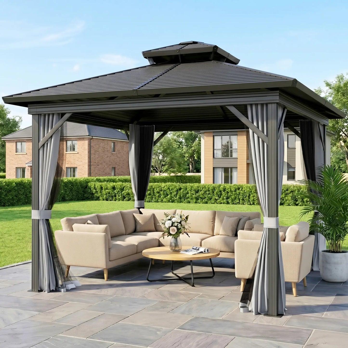 10' x 10' Hardtop Gazebo, Sun Shelter, Mosquito Netting, Light Grey Gazebos at Gallery Canada