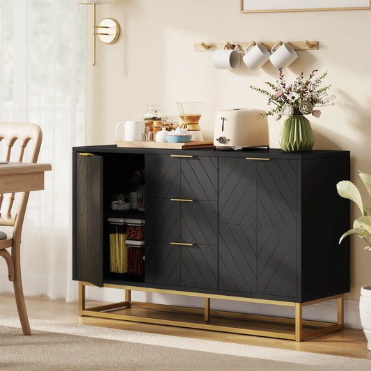 Sideboard Storage Cabinet, 3 Drawers, Adjustable Shelves, Black Kitchen Pantry Cabinets Black at Gallery Canada