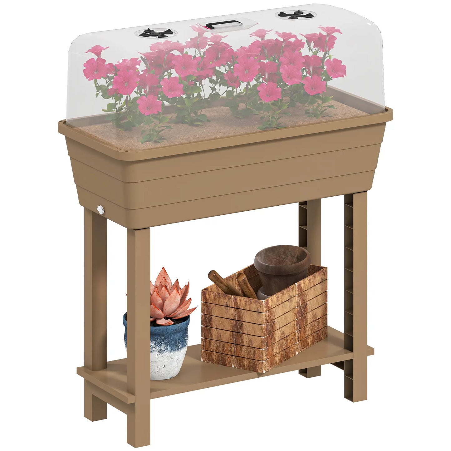 41L Self Watering Raised Garden Bed, Transparent Lid, Storage Shelf, Brown