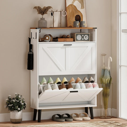 Shoe Storage Cabinet With 2 Flip Drawers, Farmhouse Narrow, White Shoe Storage Cabinets & Racks White, Brown, Black at Gallery Canada