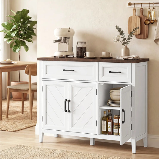 44" Farmhouse Sideboard Buffet Cabinet, 3 Chevron Doors, 2 Drawers, White Storage Cabinets White, Brown Wood Grain at Gallery Canada