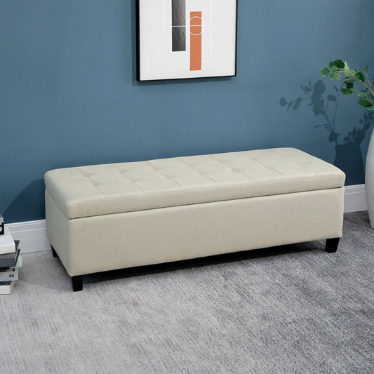 Rectangular Entry Bench, Tufted Upholstered Linen, Wood Feet, Beige Storage Ottomans & Benches Beige at Gallery Canada