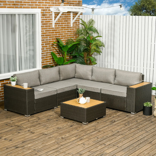 6-Piece Outdoor Rattan Patio Set, Corner Sofa, WPC Table, Light Grey Patio Furniture Sets Brown Rattan, Light Grey Cushion, Natural Board at Gallery Canada
