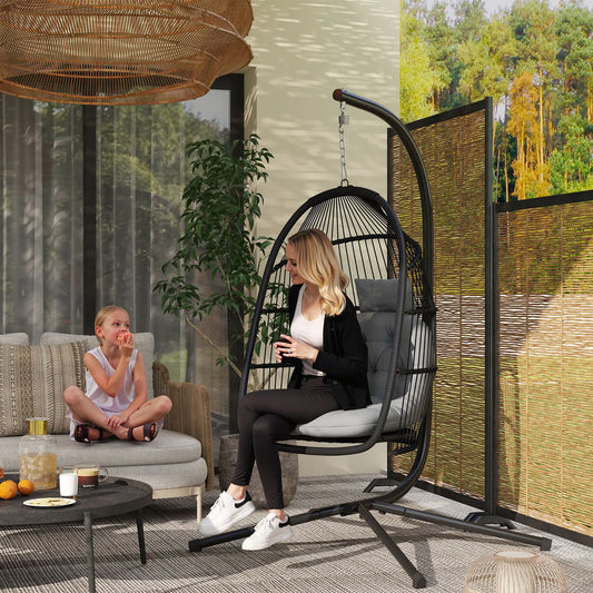 Wicker Egg Swing Chair, Foldable with Stand, UV Resistant Cushion, Headrest, Dark Grey Patio Swings with Stand Dark Grey at Gallery Canada