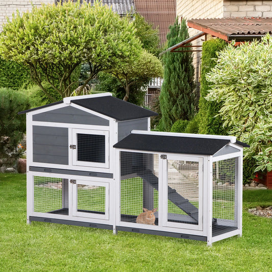 2-Tier Wooden Rabbit Hutch With Ramp, Outdoor Run, Grey Rabbit Hutch Grey, White, Black at Gallery Canada