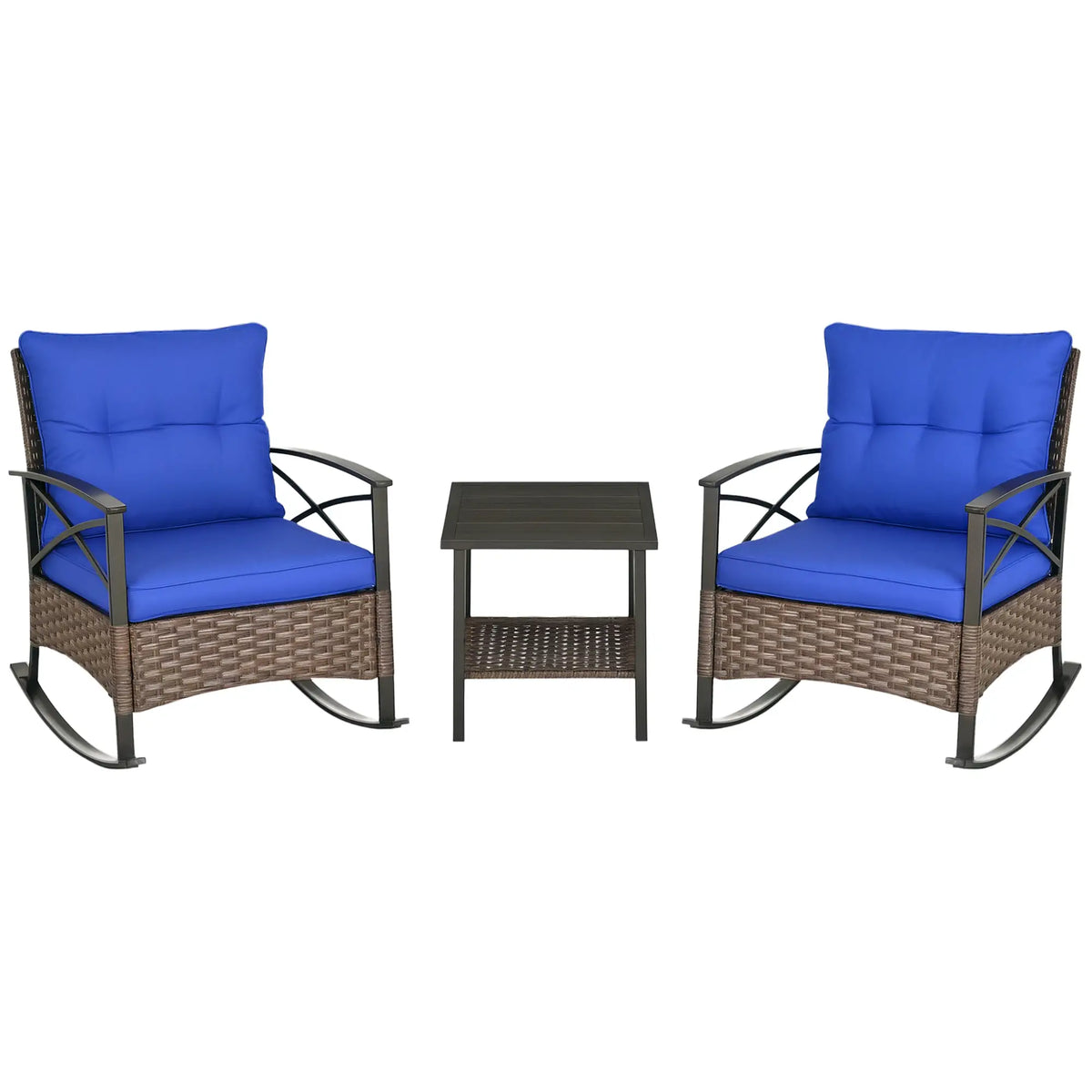 Outdoor PE Rattan Rocking Chair Set, 2-Tier Table, Padded Cushions, Dark Blue, Dark Blue Outdoor Rocking Chairs at Gallery Canada