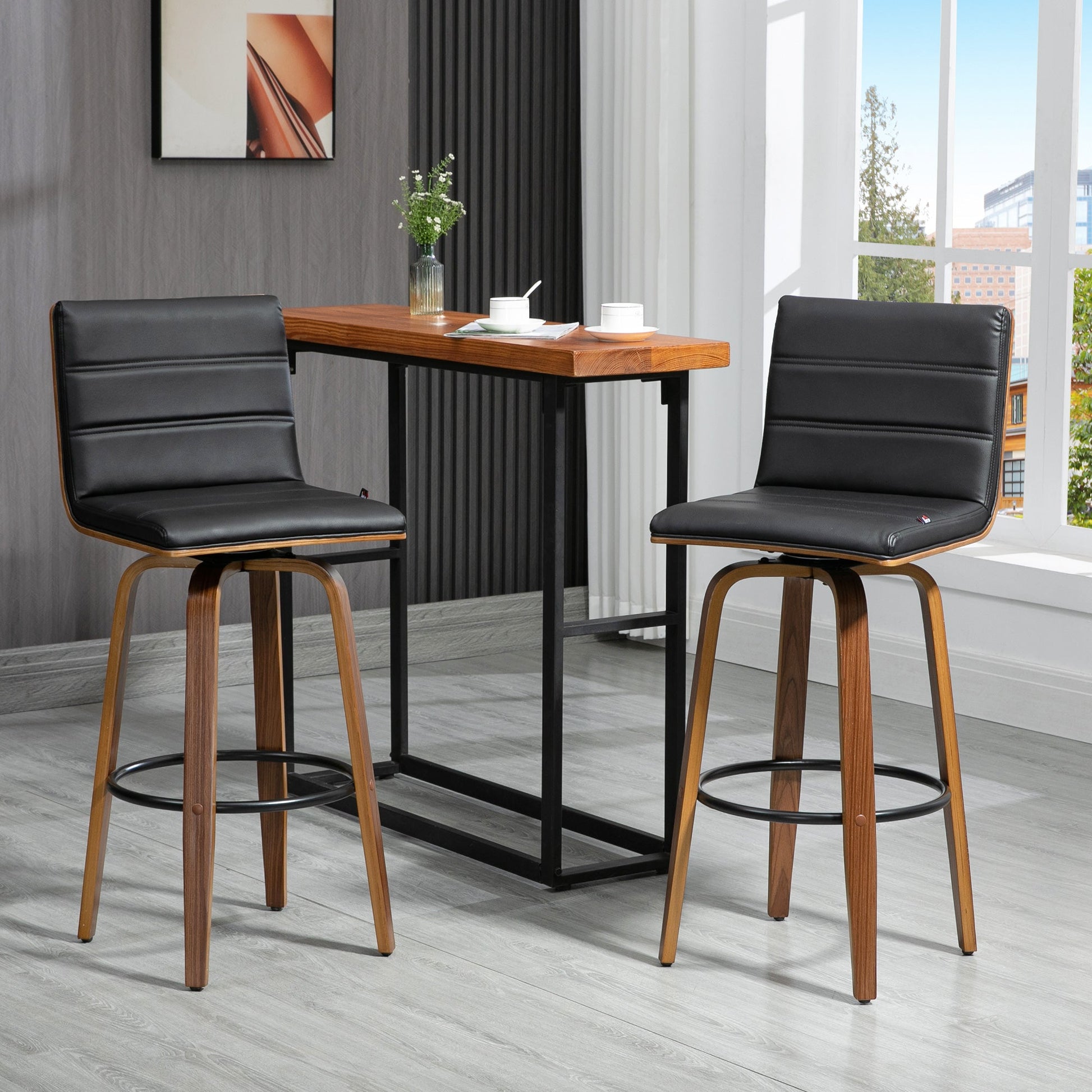 Swivel Bar Stools Set of 2, Upholstered Bar Height Stools, Bar Chairs with Soft Padding Seat and Wood Legs, Black at Gallery Canada